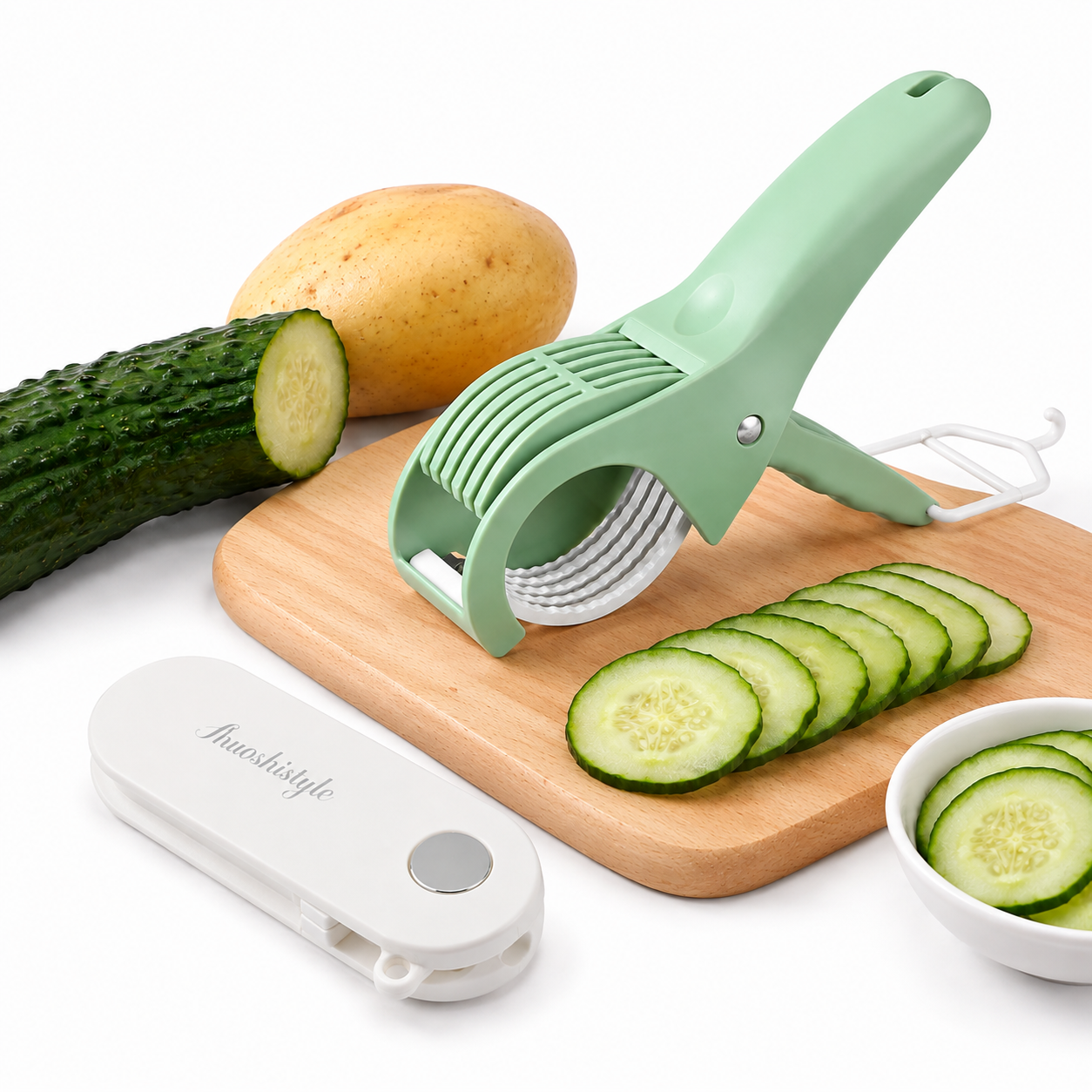 Home Fruit & Vegetable Peeling and Slicing Prep Set-White Folding Peeler and Green Fruit Slicer - Portable Stainless Steel Kitchen Tools for Camping, Home Use, and Travel
