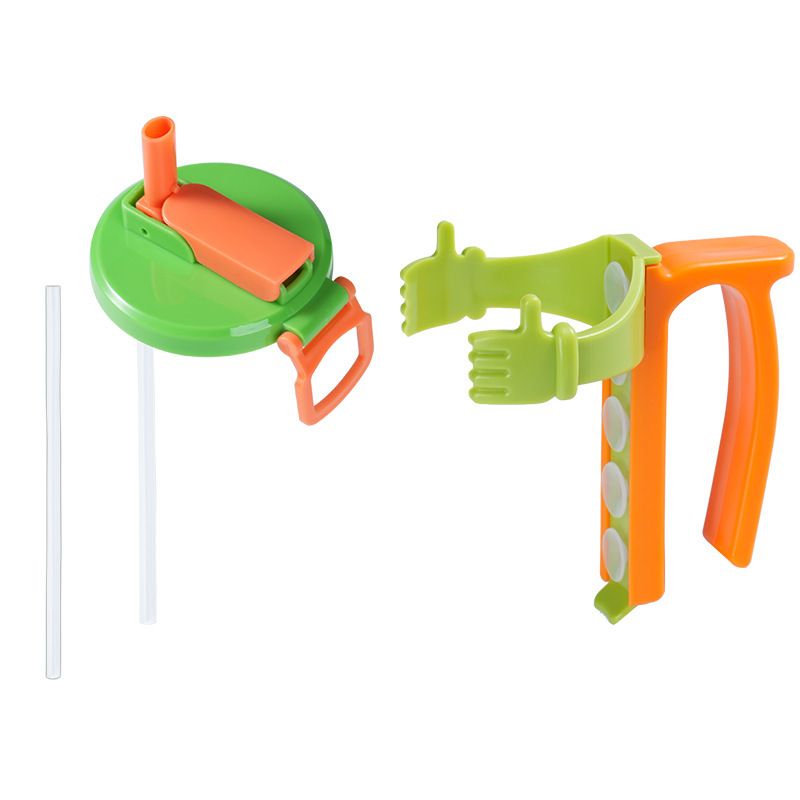 Green Soda Can Lid and Handle Holder Set - Anti-Overflow Plastic Cover with Straw and Suction Cup Grip for 12oz Cans, Portable Drink Accessory for Parties and Travel