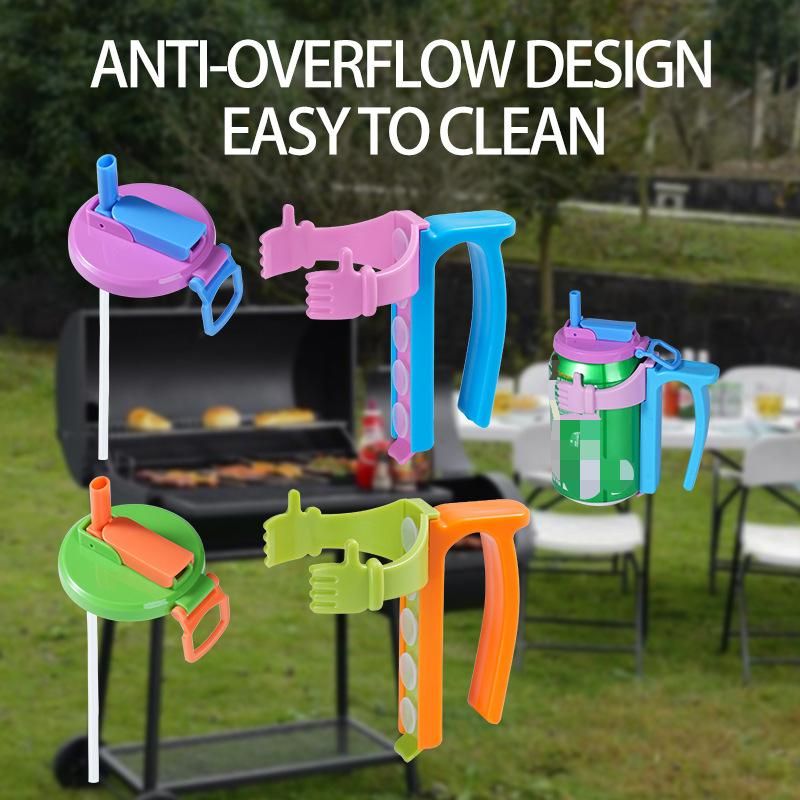 Green Soda Can Lid and Handle Holder Set - Anti-Overflow Plastic Cover with Straw and Suction Cup Grip for 12oz Cans, Portable Drink Accessory for Parties and Travel