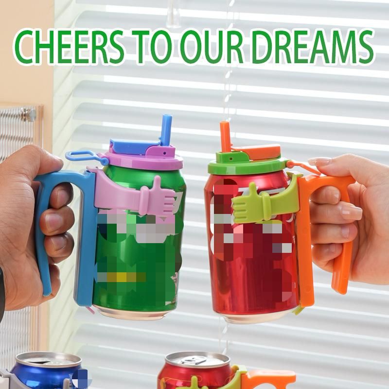 Grey Soda Can Lid and Handle Holder Set - Anti-Overflow Plastic Cover with Straw and Suction Cup Grip for 12oz Cans, Portable Drink Accessory for Parties and Travel