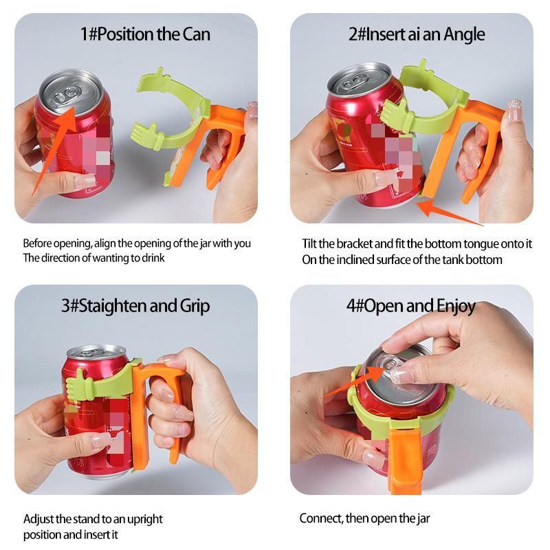 Grey Soda Can Lid and Handle Holder Set - Anti-Overflow Plastic Cover with Straw and Suction Cup Grip for 12oz Cans, Portable Drink Accessory for Parties and Travel