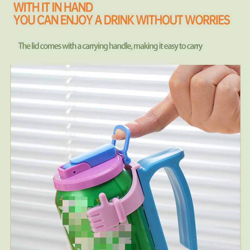 Grey Soda Can Lid and Handle Holder Set - Anti-Overflow Plastic Cover with Straw and Suction Cup Grip for 12oz Cans, Portable Drink Accessory for Parties and Travel