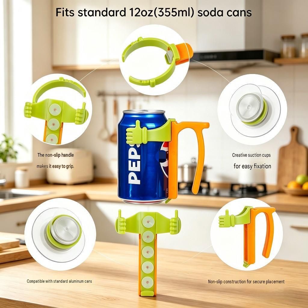 Blue Soda Can Holder with Handle and Suction Cups - Portable Plastic Stand for 12oz Cans, Anti-Slip Grip for Parties, Camping, and Home Use