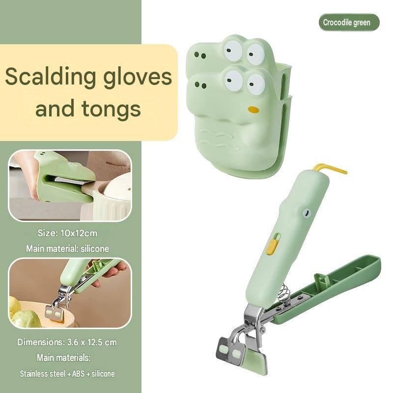 Cute Crocodile shape Kitchen Heat Resistant Set - Silicone Oven Mitts and Non-Slip Bowl Clip - Stainless Steel Anti-Scald Dish Lifter for Steamer and Baking, Space Saving Storage