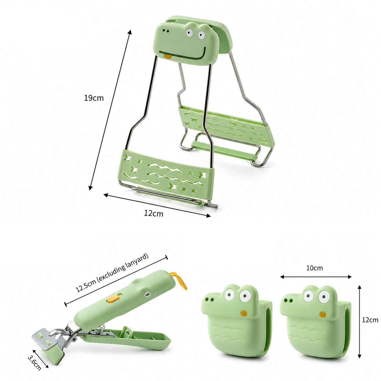 Crocodile shape Kitchen Heat Resistant Set - Adjustable Stainless Steel Plate Lifter, Non-Slip Bowl Clip and Silicone Oven Mitts - Anti-Scald Dish Grip for Steamer and Baking, Space Saving Storage