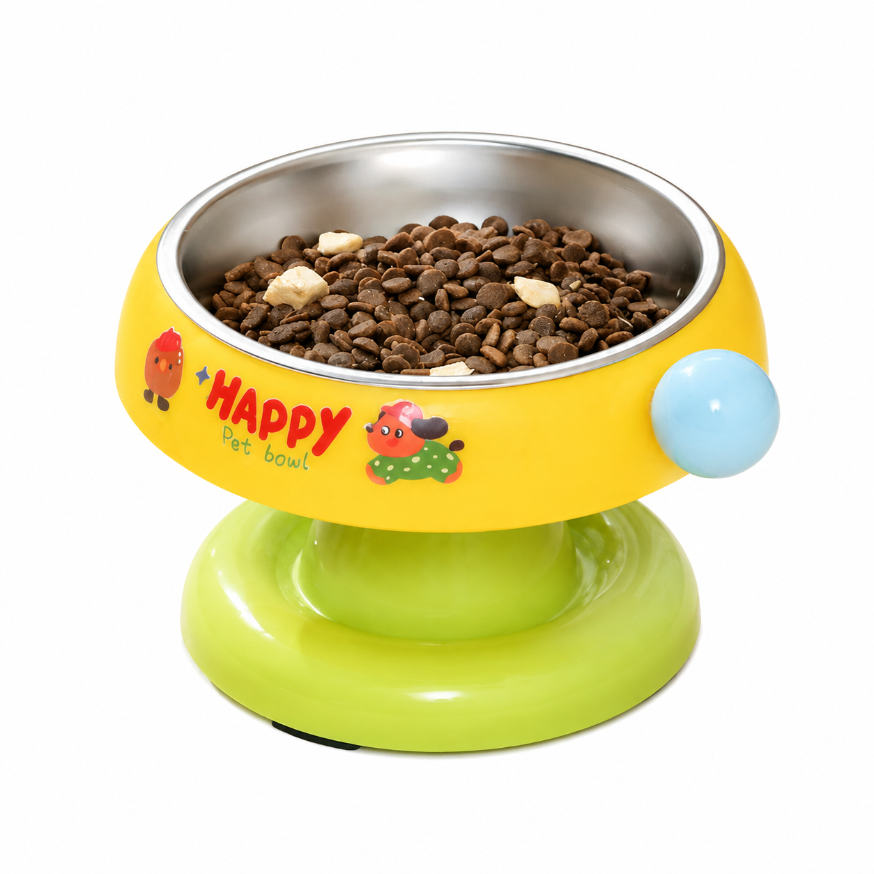 Yellow and Green Elevated Pet Food Bowl - Stainless Steel Insert, Non-Slip Base, Wide Mouth Design, Ergonomic Neck Protection for Cats and Small Dogs