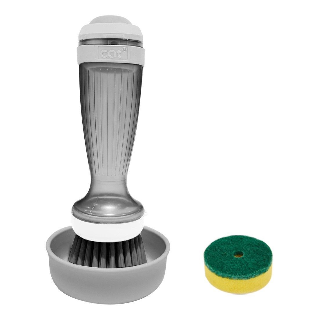 Grey Liquid Dispensing Kitchen Brush - 120ml Handle Reservoir, Replaceable Bristle and Sponge Heads, Ergonomic Long Handle for Pots Pans and Countertops