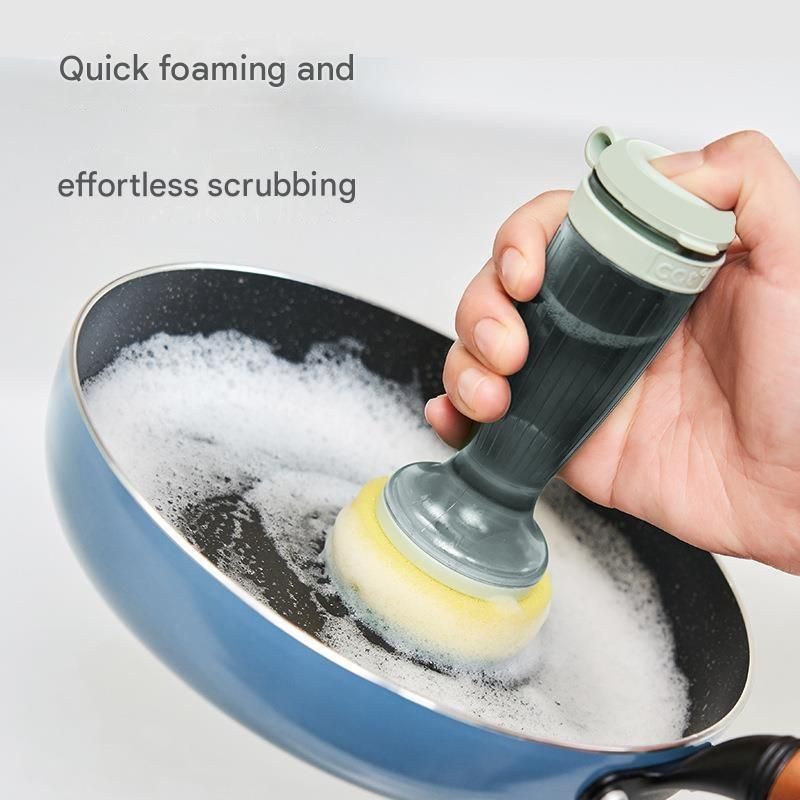 Grey Liquid Dispensing Kitchen Brush - 120ml Handle Reservoir, Replaceable Bristle and Sponge Heads, Ergonomic Long Handle for Pots Pans and Countertops