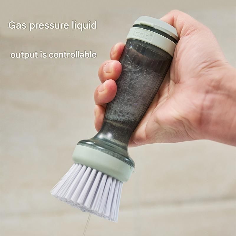 Grey Liquid Dispensing Kitchen Brush - 120ml Handle Reservoir, Replaceable Bristle and Sponge Heads, Ergonomic Long Handle for Pots Pans and Countertops
