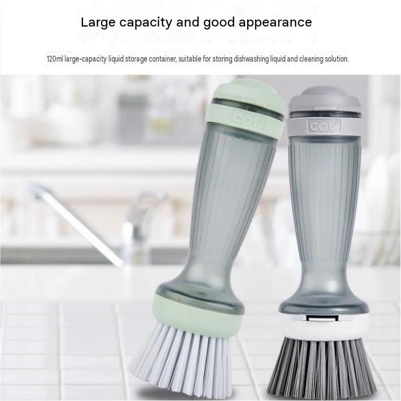 Grey Liquid Dispensing Kitchen Brush - 120ml Handle Reservoir, Replaceable Bristle and Sponge Heads, Ergonomic Long Handle for Pots Pans and Countertops