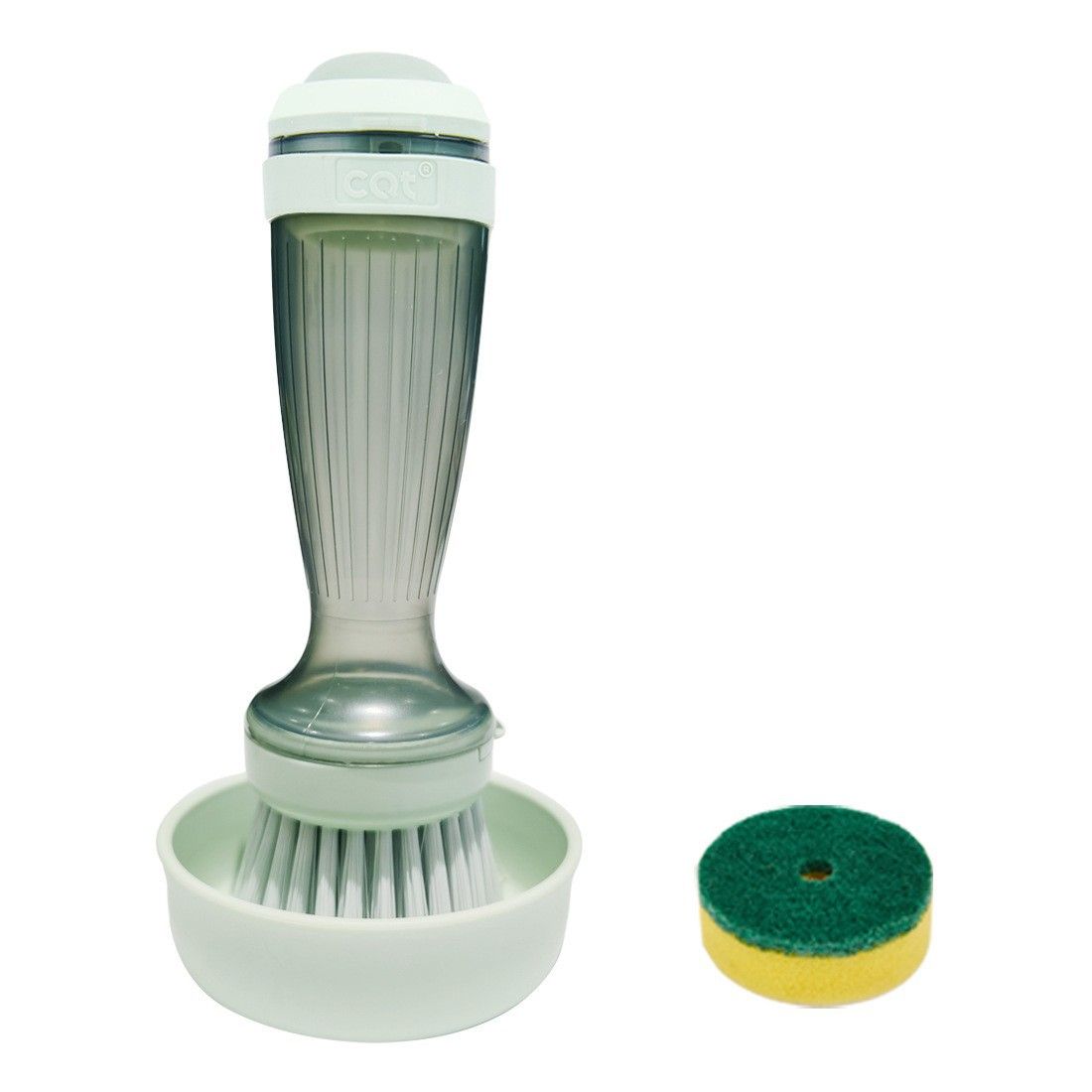 Green Liquid Dispensing Kitchen Brush - 120ml Handle Reservoir, Replaceable Bristle and Sponge Heads, Ergonomic Long Handle for Pots Pans and Countertops