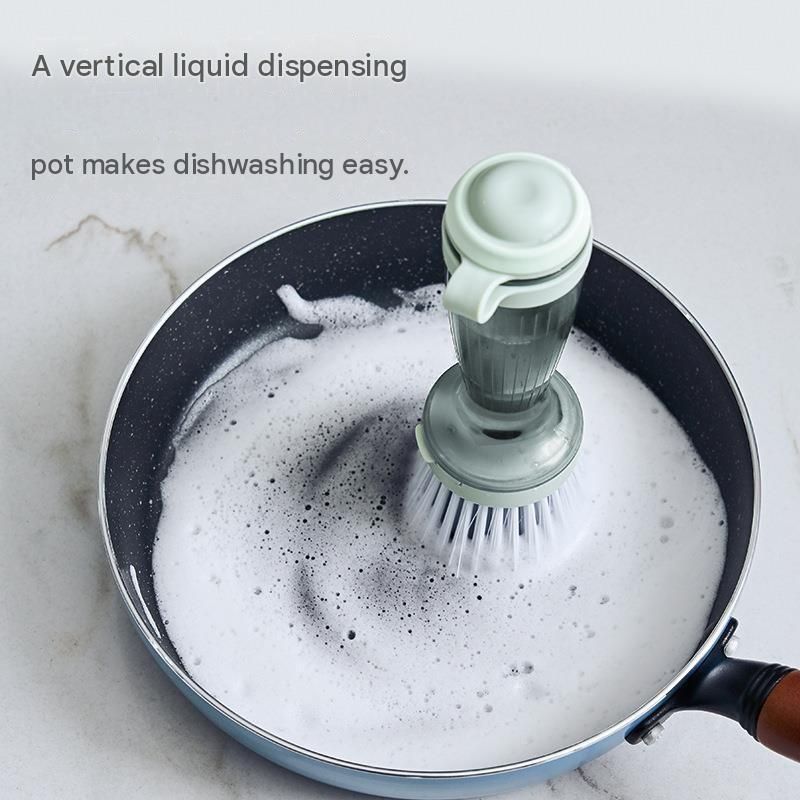 Green Liquid Dispensing Kitchen Brush - 120ml Handle Reservoir, Replaceable Bristle and Sponge Heads, Ergonomic Long Handle for Pots Pans and Countertops