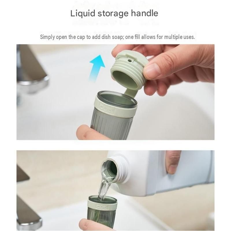 Green Liquid Dispensing Kitchen Brush - 120ml Handle Reservoir, Replaceable Bristle and Sponge Heads, Ergonomic Long Handle for Pots Pans and Countertops