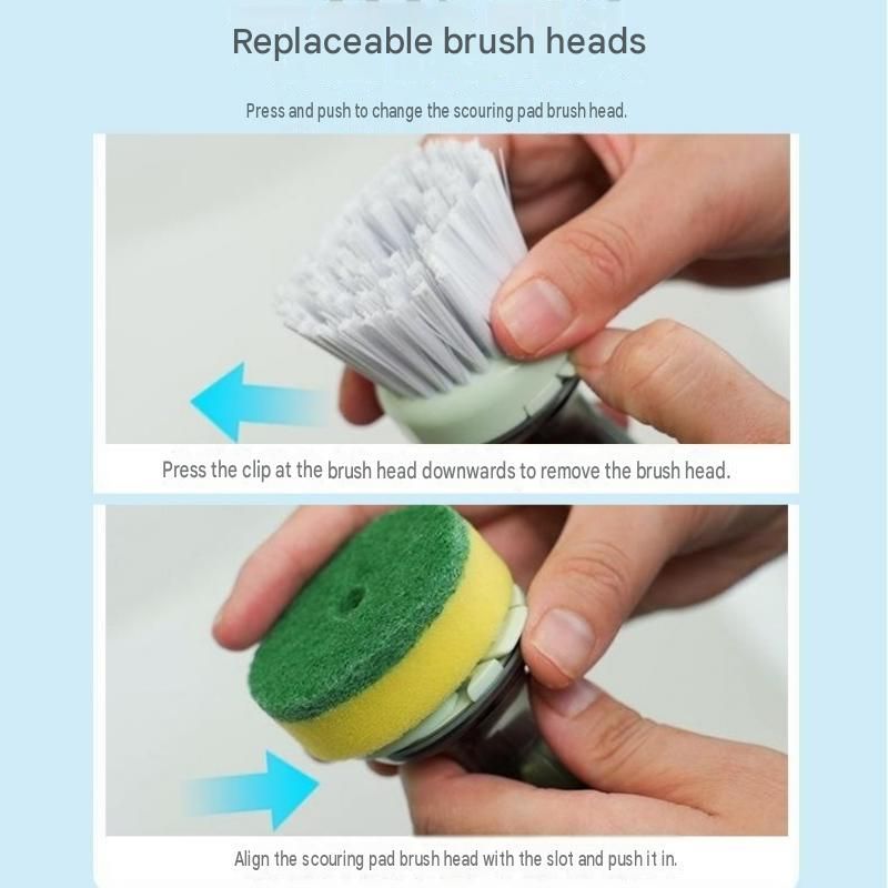 Green Liquid Dispensing Kitchen Brush - 120ml Handle Reservoir, Replaceable Bristle and Sponge Heads, Ergonomic Long Handle for Pots Pans and Countertops