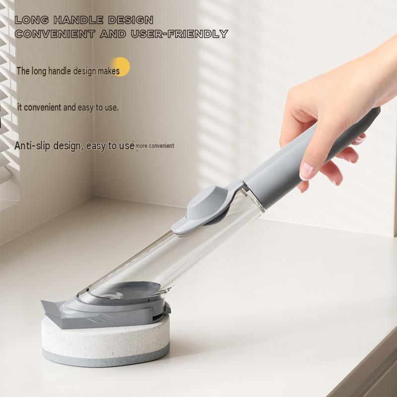 Grey Long Handle Liquid Dispensing Dish Brush（1 brush head） - TPR and PP Construction - Press Button Soap Release,  Non Slip Grip, Kitchen Pot Pan Sink Cleaning Tool
