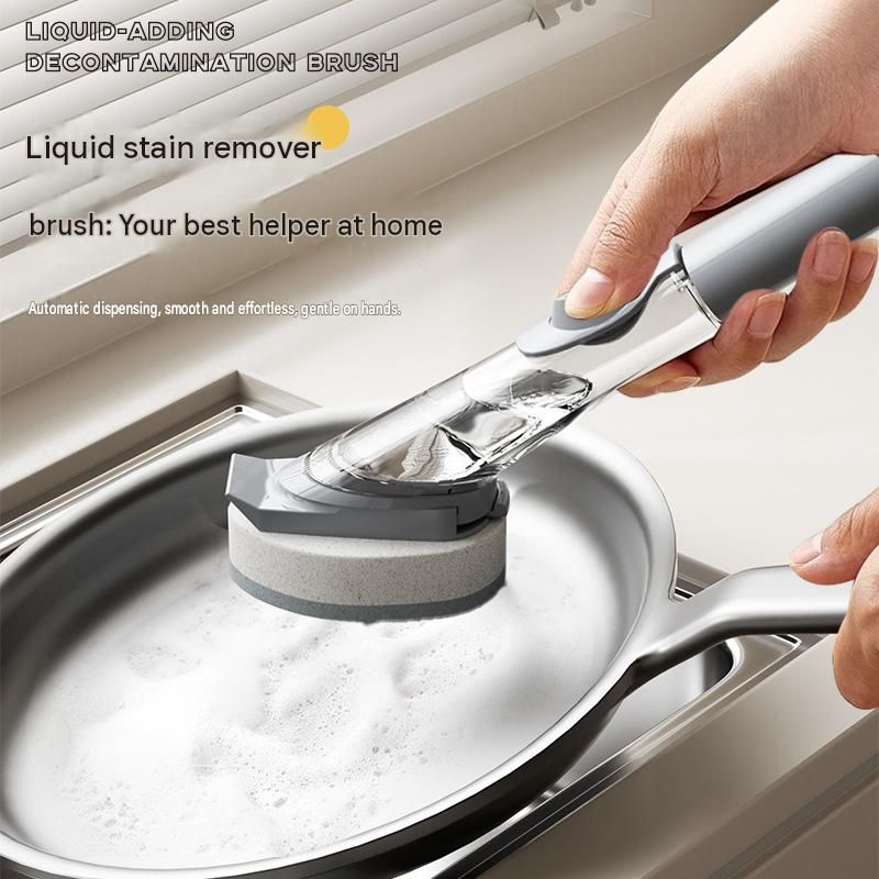Grey Long Handle Liquid Dispensing Dish Brush（1 brush head+1 sponge brush head） - TPR and PP Construction - Press Button Soap Release,  Non Slip Grip, Kitchen Pot Pan Sink Cleaning Tool