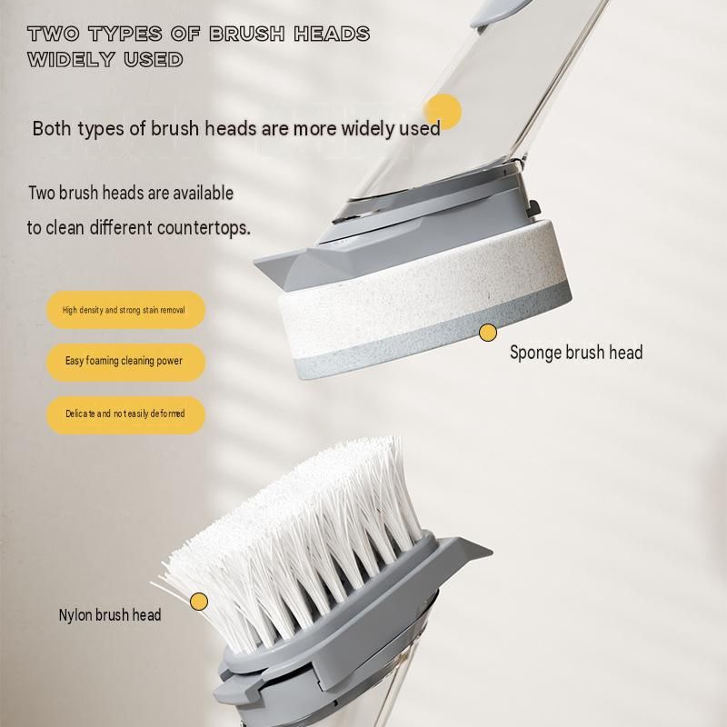 Grey Long Handle Liquid Dispensing Dish Brush（1 brush head+1 sponge brush head） - TPR and PP Construction - Press Button Soap Release,  Non Slip Grip, Kitchen Pot Pan Sink Cleaning Tool