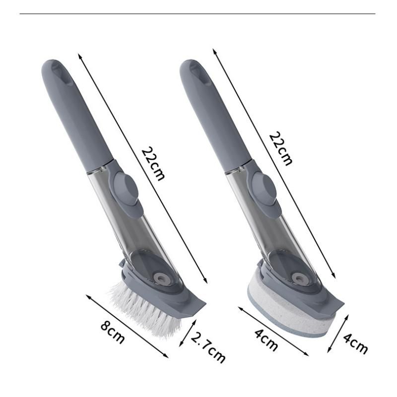 Grey Long Handle Liquid Dispensing Dish Brush（1 brush head+1 sponge brush head） - TPR and PP Construction - Press Button Soap Release,  Non Slip Grip, Kitchen Pot Pan Sink Cleaning Tool