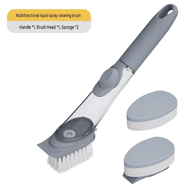 Grey Long Handle Liquid Dispensing Dish Brush（1 brush head+ 2sponge brush head） - TPR and PP Construction - Press Button Soap Release,  Non Slip Grip, Kitchen Pot Pan Sink Cleaning Tool