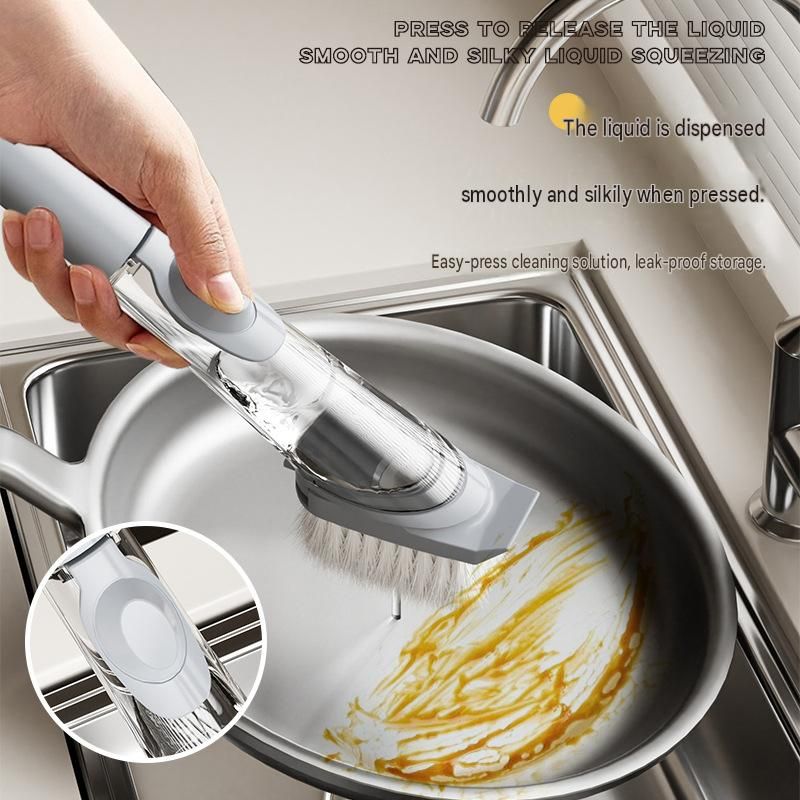 Grey Long Handle Liquid Dispensing Dish Brush（1 brush head+ 2sponge brush head） - TPR and PP Construction - Press Button Soap Release,  Non Slip Grip, Kitchen Pot Pan Sink Cleaning Tool