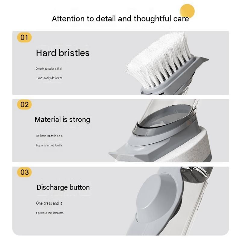 Grey Long Handle Liquid Dispensing Dish Brush（1 brush head+ 2sponge brush head） - TPR and PP Construction - Press Button Soap Release,  Non Slip Grip, Kitchen Pot Pan Sink Cleaning Tool