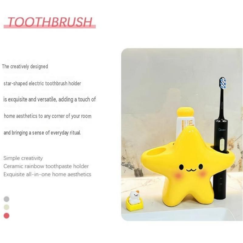 1 pcs Cute Star Shaped Electric Toothbrush Holder - Yellow Plastic Bathroom Organizer - Multi Slot Storage for Manual and Electric Brushes, Space Saving Vanity Tidy, Fun Decor Gift