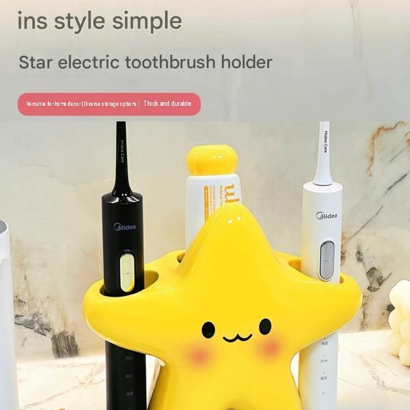 2 pcs Cute Star Shaped Electric Toothbrush Holder - Yellow Plastic Bathroom Organizer - Multi Slot Storage for Manual and Electric Brushes, Space Saving Vanity Tidy, Fun Decor Gift
