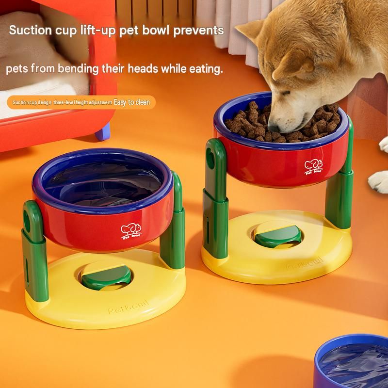 Pink Adjustable Height Pet Bowl With Suction Cup Base - Anti-Spill Elevated Feeder For Cats And Dogs - 3-Level Neck Protection Design