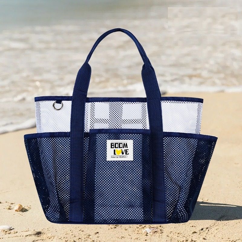 Blue-White Large Capacity Mesh Beach Tote Bag - Breathable Polyester Swim Bag with Multi-Pocket Storage, Quick-Dry Design for Travel, Gym, and Poolside Use