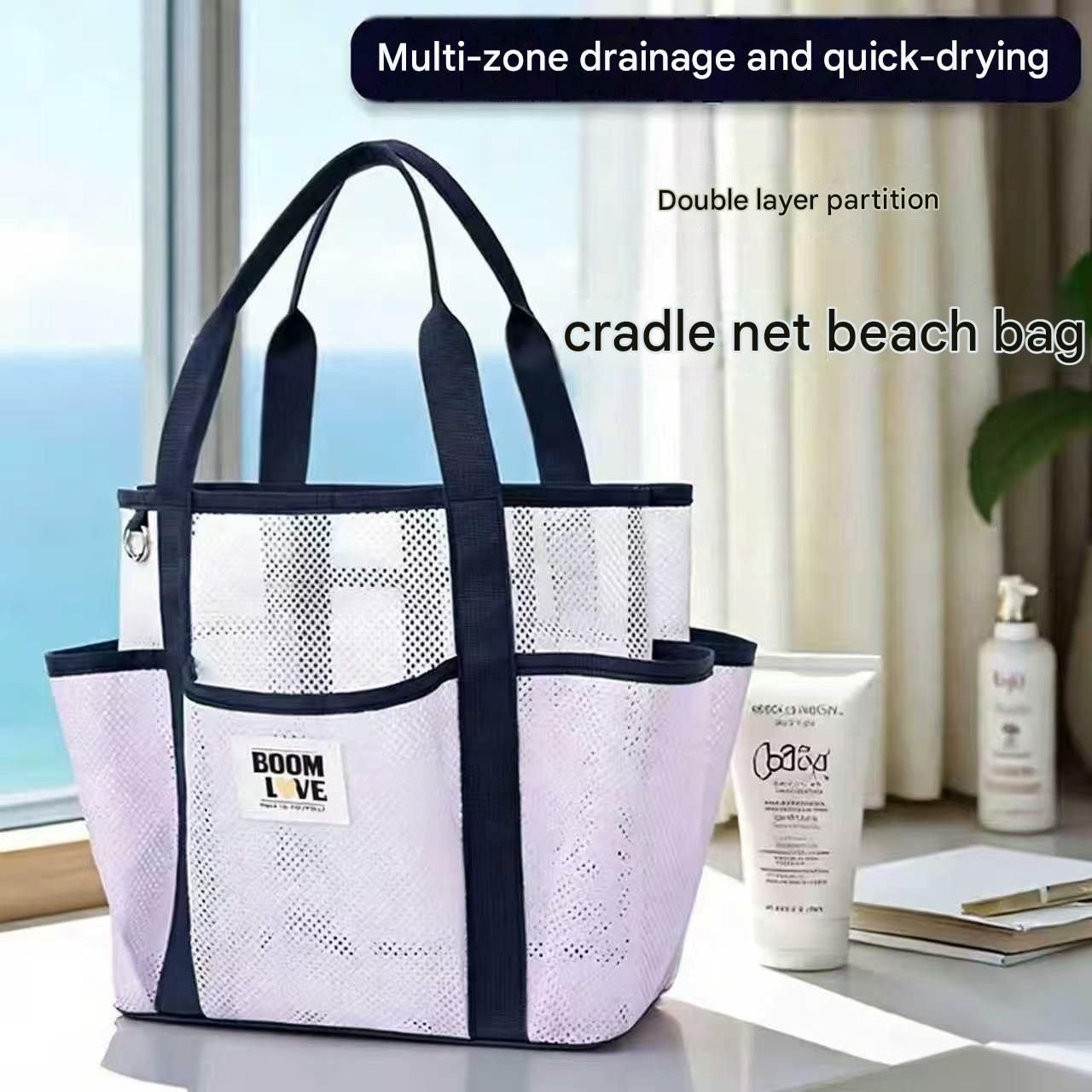 Blue-White Large Capacity Mesh Beach Tote Bag - Breathable Polyester Swim Bag with Multi-Pocket Storage, Quick-Dry Design for Travel, Gym, and Poolside Use