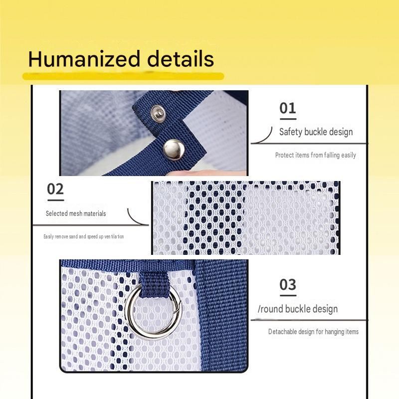Blue-White Large Capacity Mesh Beach Tote Bag - Breathable Polyester Swim Bag with Multi-Pocket Storage, Quick-Dry Design for Travel, Gym, and Poolside Use