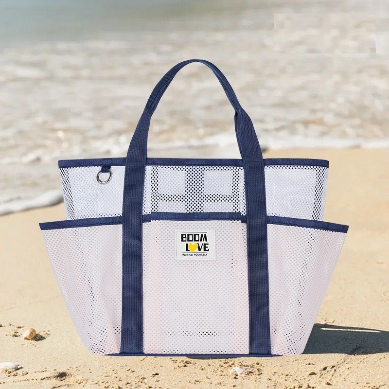 Pink-White Large Capacity Mesh Beach Tote Bag - Breathable Polyester Swim Bag with Multi-Pocket Storage, Quick-Dry Design for Travel, Gym, and Poolside Use