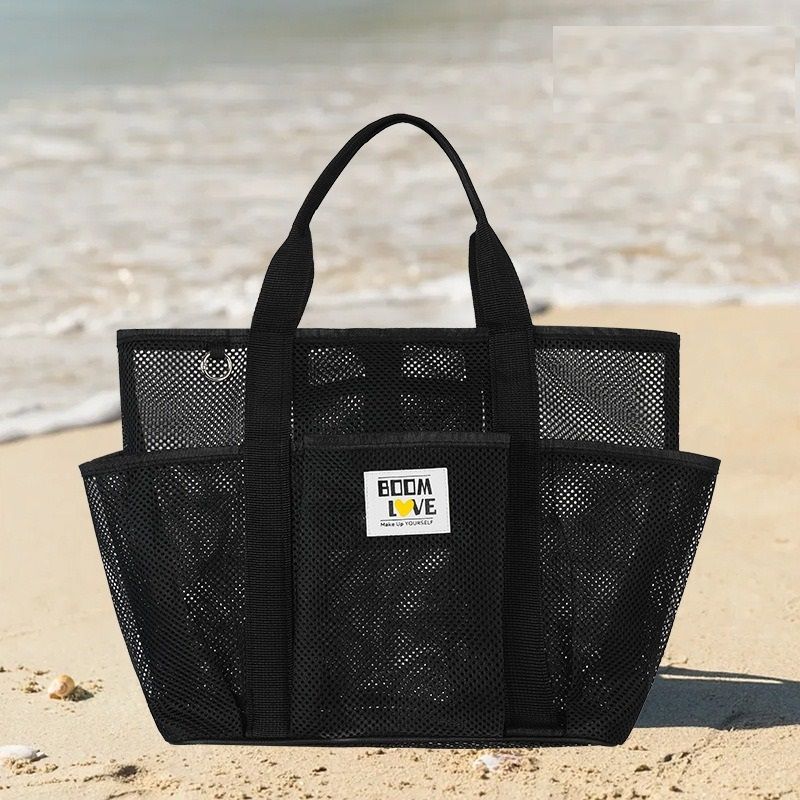 Black Large Capacity Mesh Beach Tote Bag - Breathable Polyester Swim Bag with Multi-Pocket Storage, Quick-Dry Design for Travel, Gym, and Poolside Use