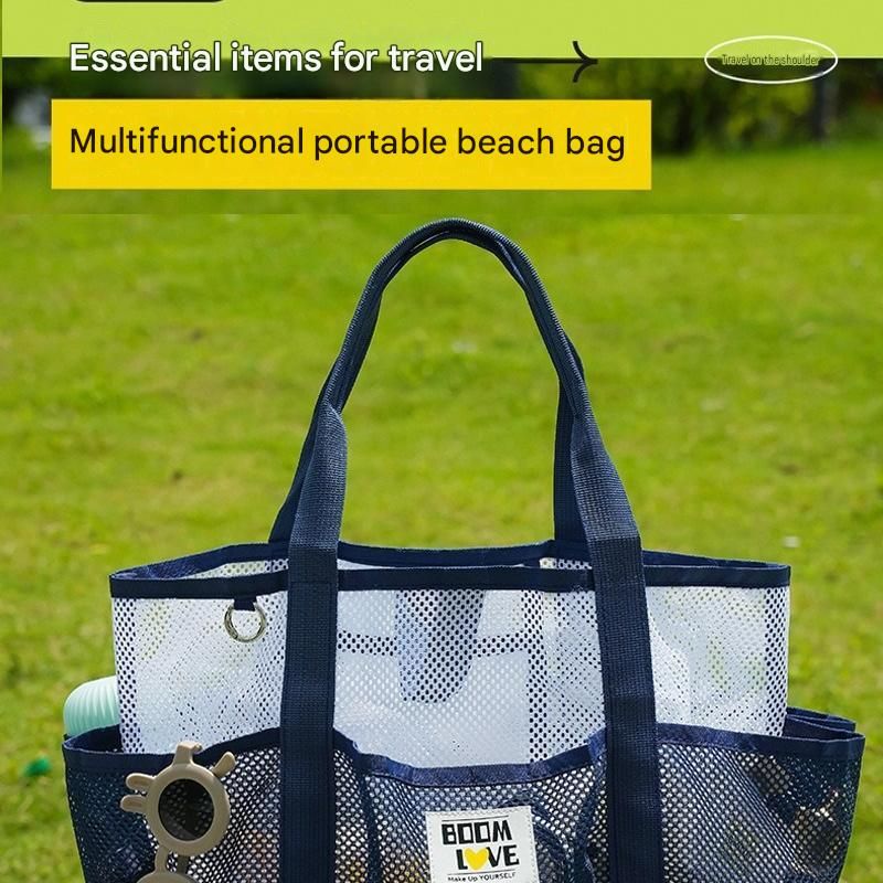 Black Large Capacity Mesh Beach Tote Bag - Breathable Polyester Swim Bag with Multi-Pocket Storage, Quick-Dry Design for Travel, Gym, and Poolside Use
