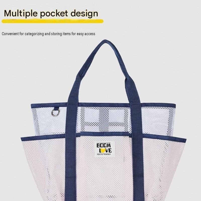 Black Large Capacity Mesh Beach Tote Bag - Breathable Polyester Swim Bag with Multi-Pocket Storage, Quick-Dry Design for Travel, Gym, and Poolside Use