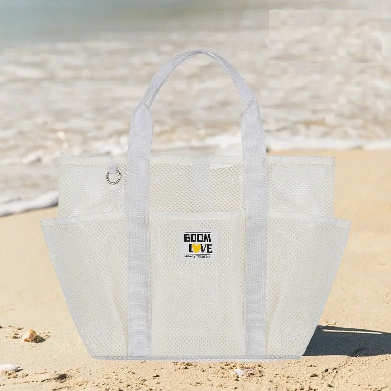 White Large Capacity Mesh Beach Tote Bag - Breathable Polyester Swim Bag with Multi-Pocket Storage, Quick-Dry Design for Travel, Gym, and Poolside Use