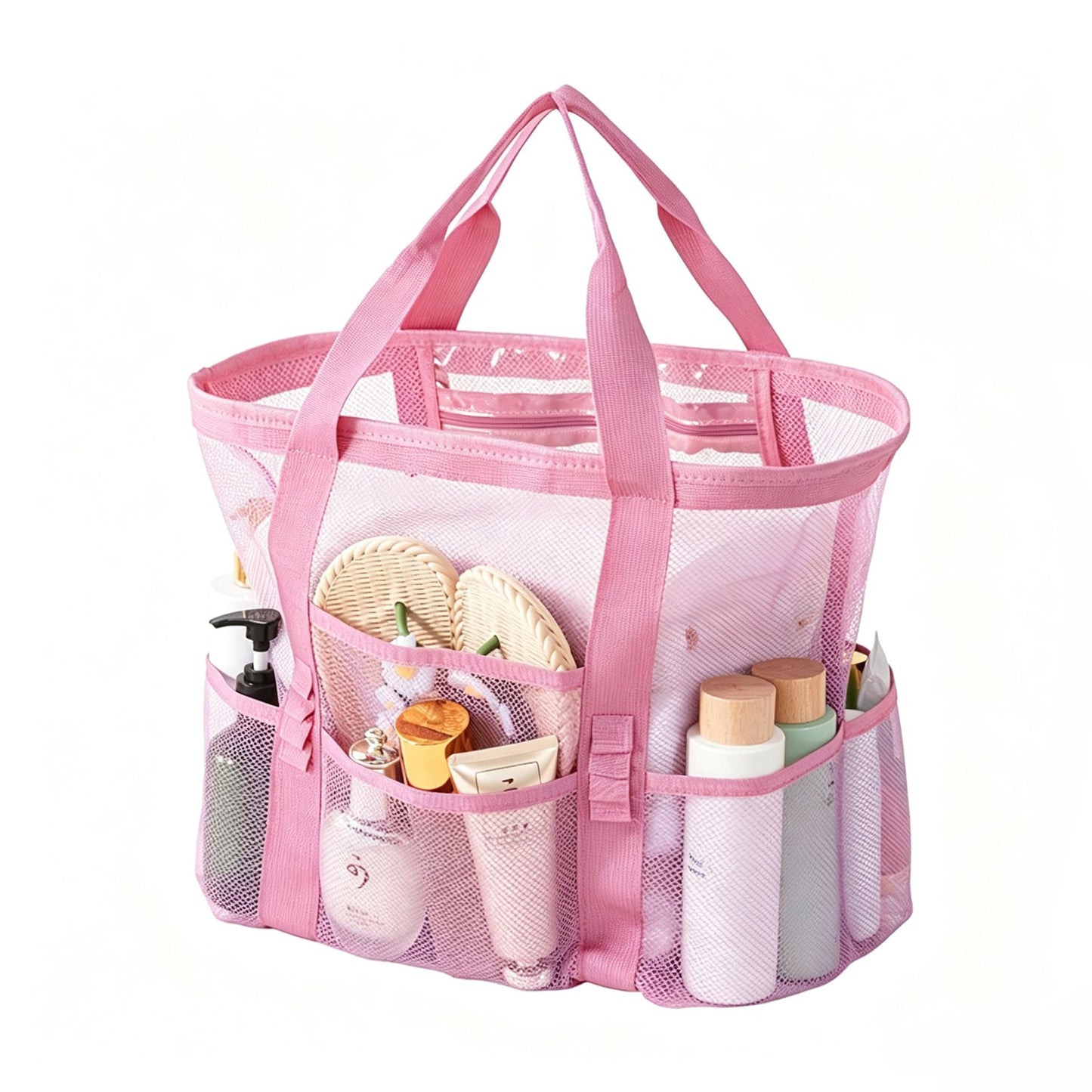 Pink large size Large Capacity Mesh Beach Tote Bag - Breathable PET  with Multi-Pocket Storage, Quick-Dry Design for Travel, Gym, and Poolside Use
