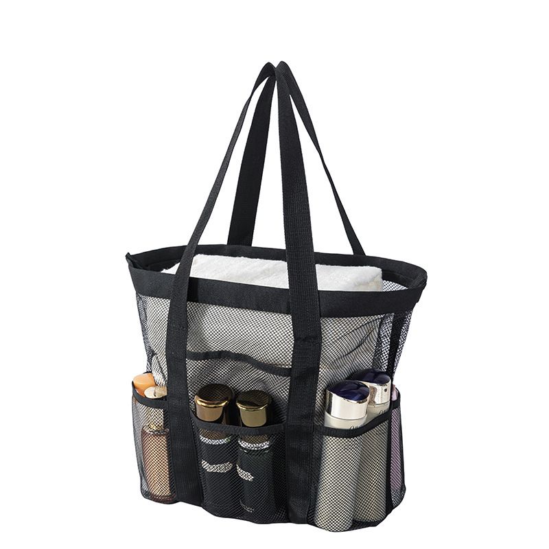 Black small size Large Capacity Mesh Beach Tote Bag - Breathable PET  with Multi-Pocket Storage, Quick-Dry Design for Travel, Gym, and Poolside Use