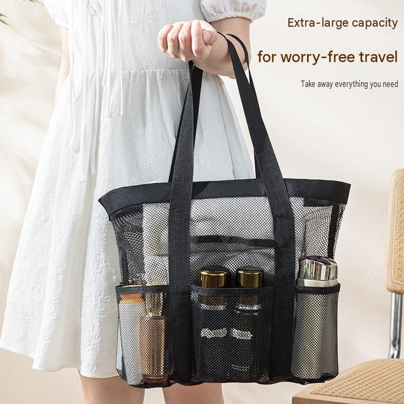 Black small size Large Capacity Mesh Beach Tote Bag - Breathable PET  with Multi-Pocket Storage, Quick-Dry Design for Travel, Gym, and Poolside Use