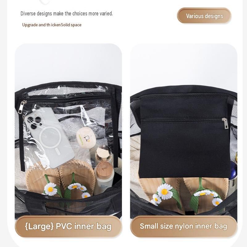 Purple small size Large Capacity Mesh Beach Tote Bag - Breathable PET  with Multi-Pocket Storage, Quick-Dry Design for Travel, Gym, and Poolside Use