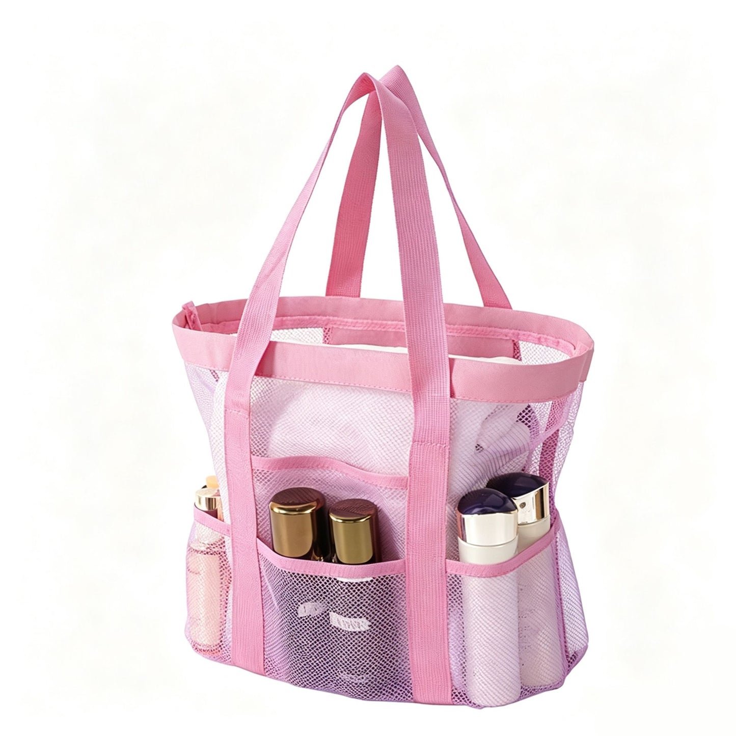 Pink small size Large Capacity Mesh Beach Tote Bag - Breathable PET  with Multi-Pocket Storage, Quick-Dry Design for Travel, Gym, and Poolside Use