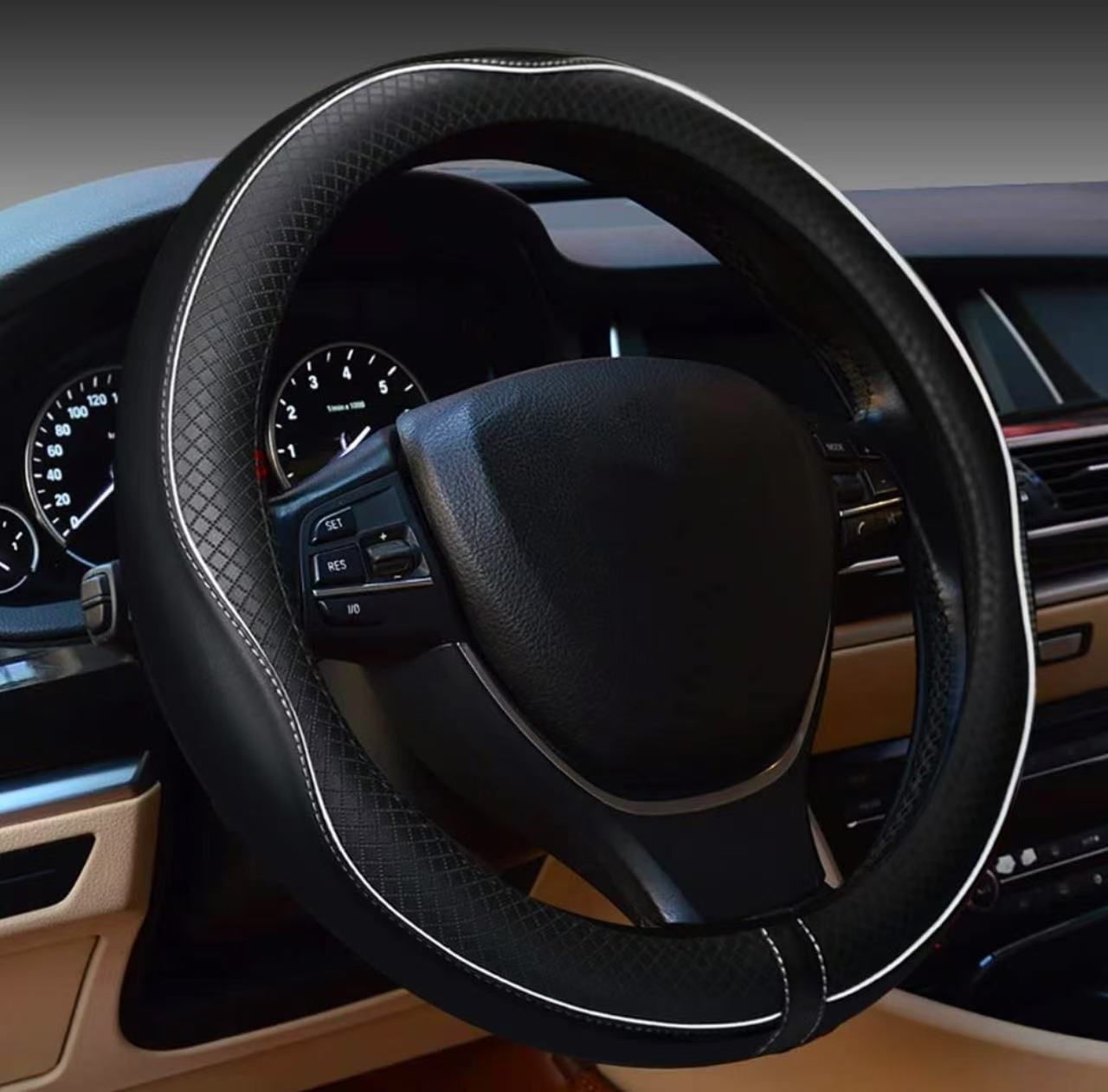 Car Steering Wheel Cover (Black And White Lines)- Microfiber Leather with Diamond Embossing ,Anti-Slip Inner Ring(38 cm)
