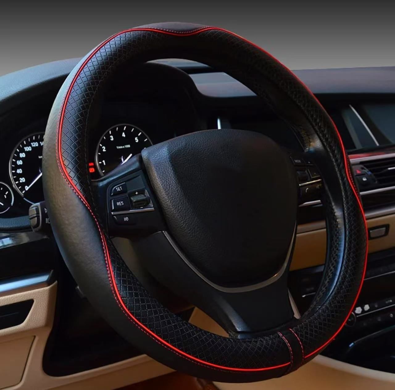 Car Steering Wheel Cover (Black Lines With Red Stripes)- Microfiber Leather with Diamond Embossing ,Anti-Slip Inner Ring(38 cm)