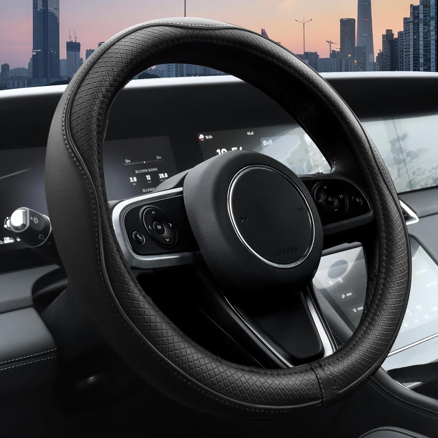 Car Steering Wheel Cover (Black Lines With Black Stripes)- Microfiber Leather with Diamond Embossing ,Anti-Slip Inner Ring(38 cm)