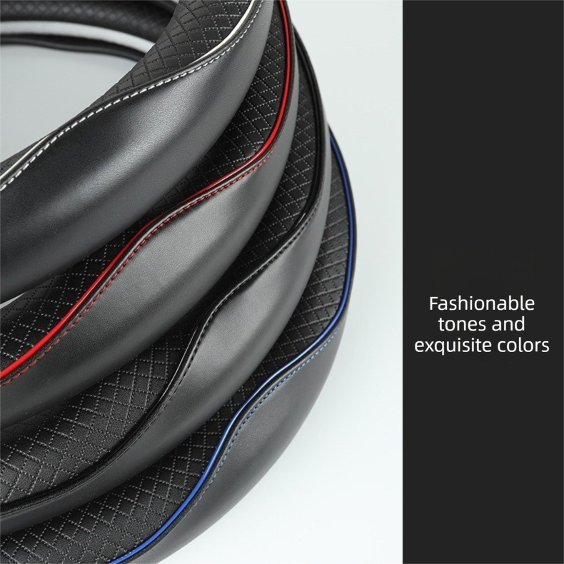 Car Steering Wheel Cover (Black Lines With Black Stripes)- Microfiber Leather with Diamond Embossing ,Anti-Slip Inner Ring(38 cm)