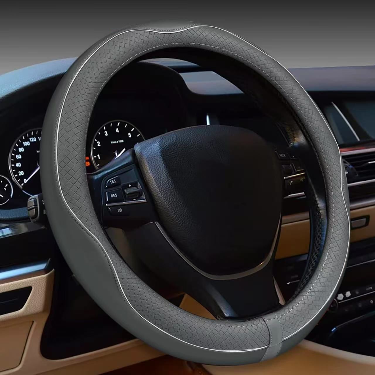 Car Steering Wheel Cover (Gray And White Lines)- Microfiber Leather with Diamond Embossing ,Anti-Slip Inner Ring(38 cm)