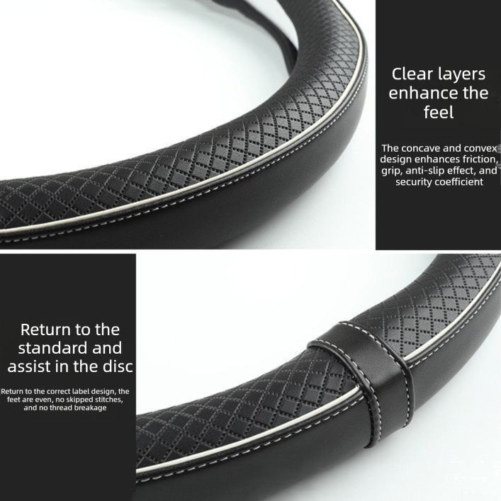 Car Steering Wheel Cover (Gray And White Lines)- Microfiber Leather with Diamond Embossing ,Anti-Slip Inner Ring(38 cm)
