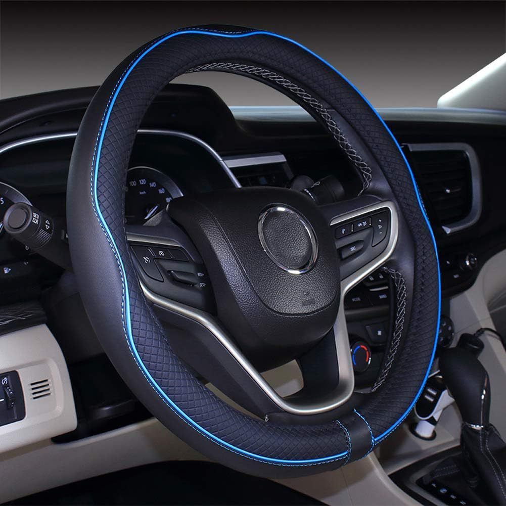 Car Steering Wheel Cover (Black And Blue Lines)- Microfiber Leather with Diamond Embossing ,Anti-Slip Inner Ring(38 cm)