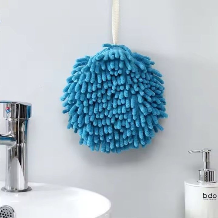 2 Pack Blue Hanging Hand Drying Ball, Chenille Towel with Sponge Core for Kitchen and Bathroom