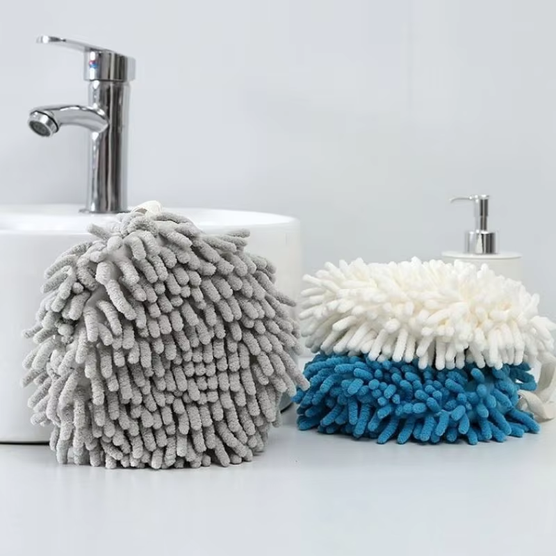 2 Pack Blue Hanging Hand Drying Ball, Chenille Towel with Sponge Core for Kitchen and Bathroom